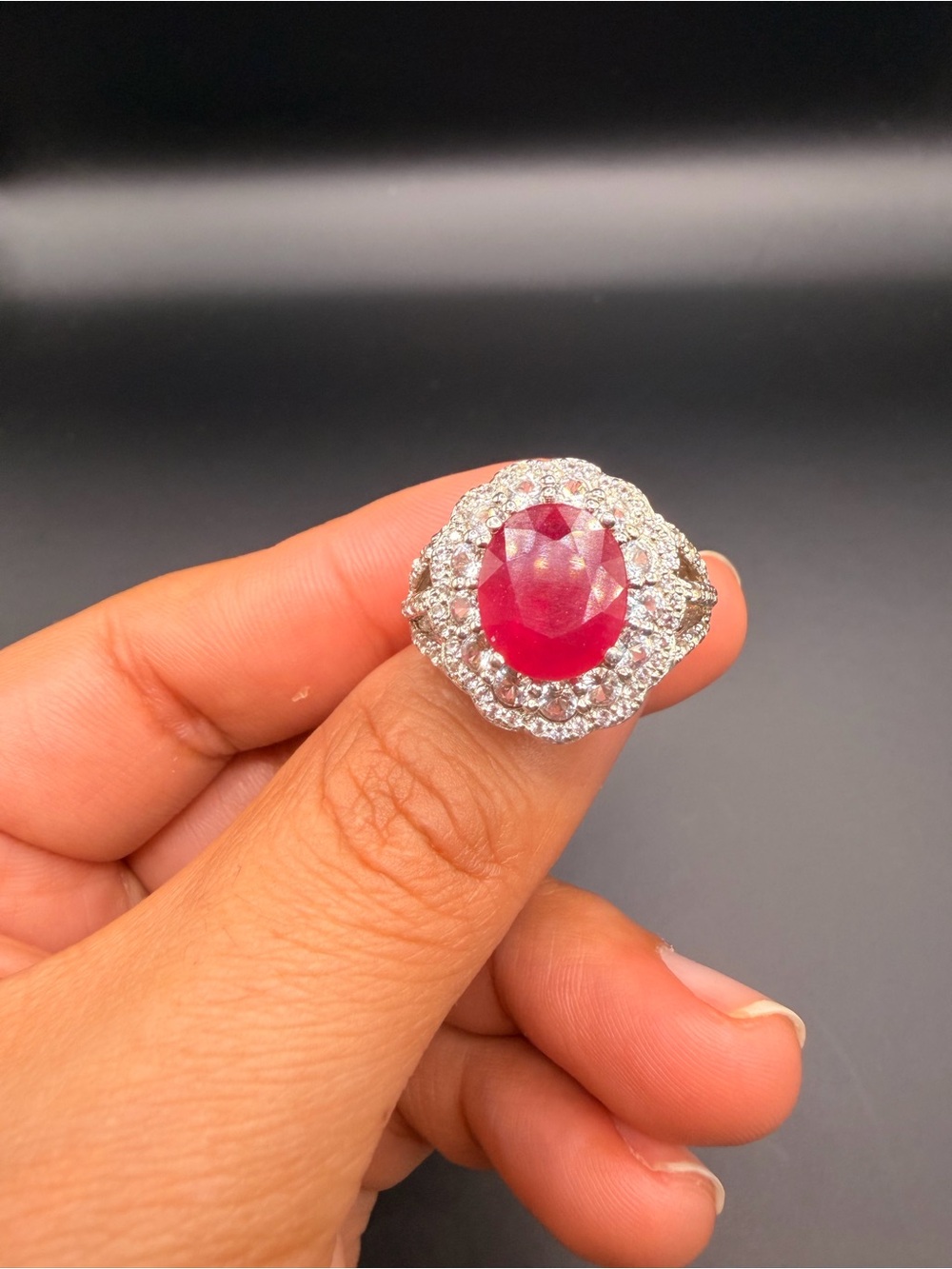 925 Sterling Silver 5 Ct Oval Ruby & White Topaz Ring Size 10.